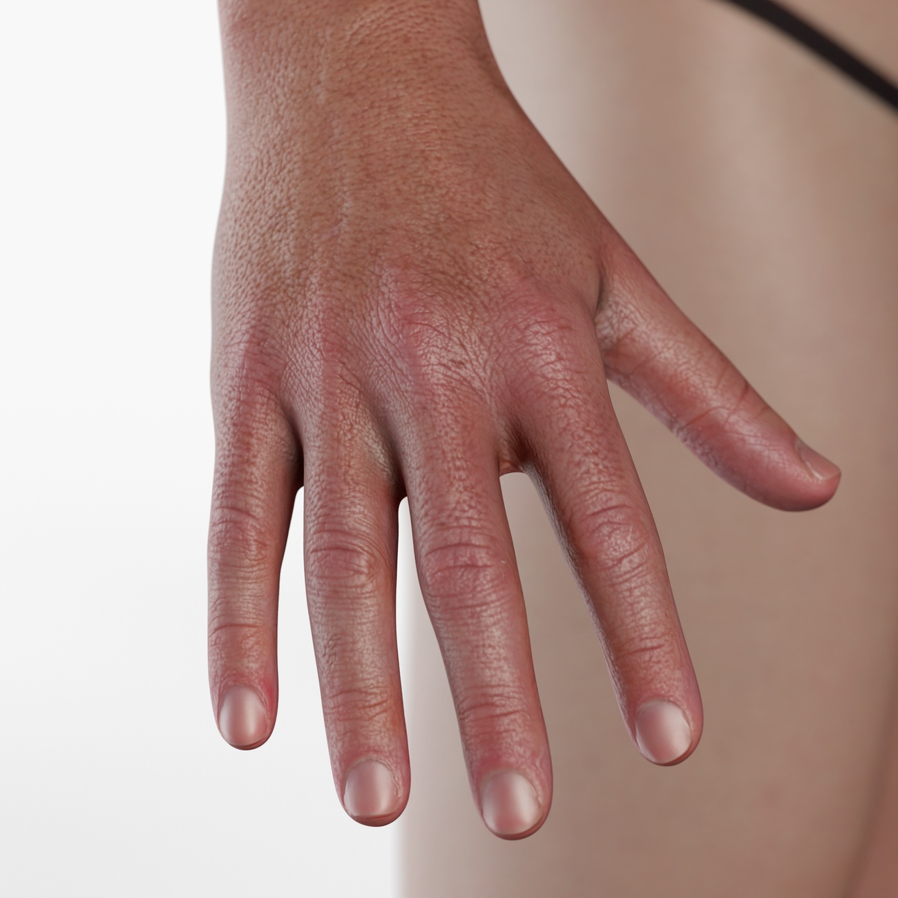 Detailed hand scan render of an athletic male 3D model showing knuckle definition, finger geometry and fine skin surface detail